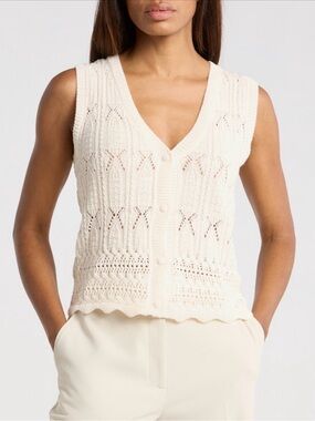 T Tahari Crochet V-Neck Button Sweater Top